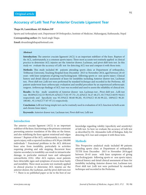 accuracy of lelli test for anterior cruciate ligament tear|lelli test accuracy chart.